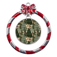 Christmas Vector Seamless Tree Pattern Metal Red Ribbon Round Ornament by Sarkoni
