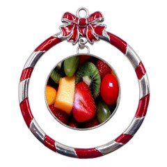 Fruits, Food, Green, Red, Strawberry, Yellow Metal Red Ribbon Round Ornament by nateshop