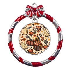Thanksgiving Pattern Metal Red Ribbon Round Ornament by Valentinaart
