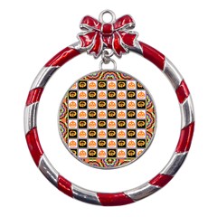Lantern Chess Halloween Metal Red Ribbon Round Ornament by Pakjumat