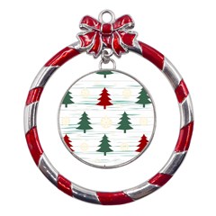 Christmas Tree Snowflake Pattern Metal Red Ribbon Round Ornament by Sarkoni