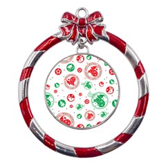 Merry Christmas Geometric Pattern Metal Red Ribbon Round Ornament by Sarkoni