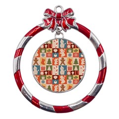 Cute Christmas Seamless Pattern Vector  - Metal Red Ribbon Round Ornament by Ket1n9