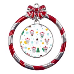 Christmas-seamless-pattern-with-cute-kawaii-mouse Metal Red Ribbon Round Ornament by Grandong