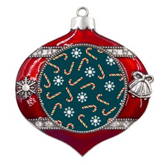 Christmas-seamless-pattern-with-candies-snowflakes Metal Snowflake And Bell Red Ornament by Grandong