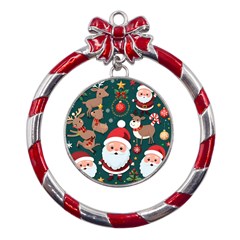 Christmas Santa Claus Metal Red Ribbon Round Ornament by Vaneshop