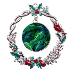 Tropical Green Leaves Background Metal X mas Wreath Holly Leaf Ornament by Amaryn4rt