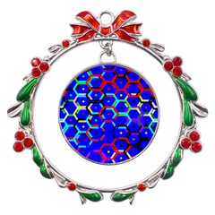 Blue Bee Hive Pattern Metal X mas Wreath Ribbon Ornament by Amaryn4rt