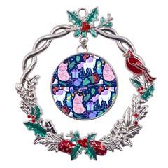 Colorful-funny-christmas-pattern Pig Animal Metal X mas Wreath Holly Leaf Ornament by Amaryn4rt
