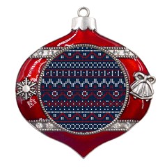 Christmas-concept-with-knitted-pattern Metal Snowflake And Bell Red Ornament by Amaryn4rt