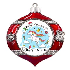 Merry Christmas Xmas Doodle Sketch Cartoon Unicorn Metal Snowflake And Bell Red Ornament by Pakjumat