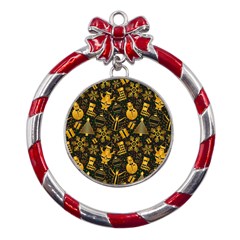 Christmas Background Metal Red Ribbon Round Ornament by Pakjumat