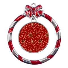 Christmas Texture Pattern Red Craciun Metal Red Ribbon Round Ornament by Sarkoni