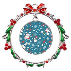 Christmas Pattern Santa Blue Metal X mas Wreath Ribbon Ornament by Sarkoni