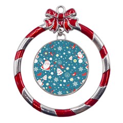 Christmas Pattern Santa Blue Metal Red Ribbon Round Ornament by Sarkoni