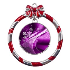 Purple Abstract Merry Christmas Xmas Pattern Metal Red Ribbon Round Ornament by Sarkoni