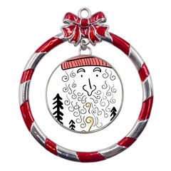 Santa Claus Cabin Hut Campfire Metal Red Ribbon Round Ornament by Ndabl3x