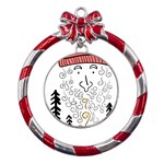 Santa Claus Cabin Hut Campfire Metal Red Ribbon Round Ornament Front