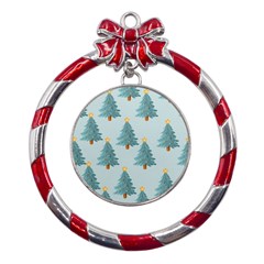 Christmas Trees Time Metal Red Ribbon Round Ornament by Ravend
