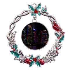 Hong Kong China Asia Skyscraper Metal X mas Wreath Holly Leaf Ornament by Amaryn4rt