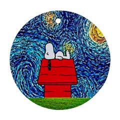Cartoon Dog Starry Night Van Gogh Parody Round Ornament (two Sides) by Modalart