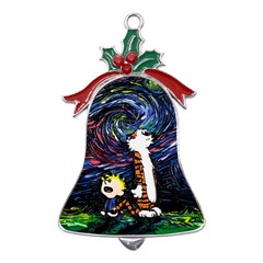 Cartoon Art Starry Night Van Gogh Metal Holly Leaf Bell Ornament by Modalart