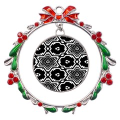 Black And White Pattern Background Structure Metal X mas Wreath Ribbon Ornament by Pakjumat