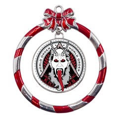 Krampus Metal Red Ribbon Round Ornament by Maspions