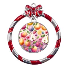 Fruits Apple Strawberry Raspberry Metal Red Ribbon Round Ornament by Ravend