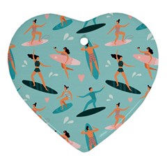 Beach Surfing Surfers With Surfboards Surfer Rides Wave Summer Outdoors Surfboards Seamless Pattern Heart Ornament (two Sides) by Bedest