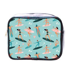Beach Surfing Surfers With Surfboards Surfer Rides Wave Summer Outdoors Surfboards Seamless Pattern Mini Toiletries Bag (one Side) by Bedest