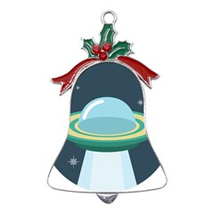 Illustration Ufo Alien  Unidentified Flying Object Metal Holly Leaf Bell Ornament by Sarkoni