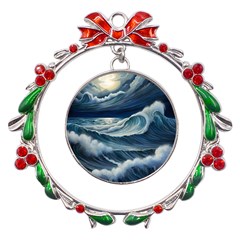 Waves Storm Sea Metal X mas Wreath Ribbon Ornament by Bedest