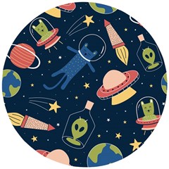 Seamless Pattern With Funny Aliens Cat Galaxy Wooden Puzzle Round by Hannah976