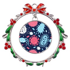 Seamless Pattern Microbes Virus Vector Illustration Metal X mas Wreath Ribbon Ornament by Ravend