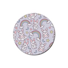 Seamless Pattern With Cute Rabbit Character Rubber Round Coaster (4 Pack) by Apen
