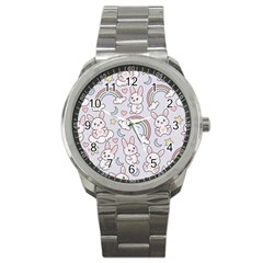 Seamless Pattern With Cute Rabbit Character Sport Metal Watch by Apen