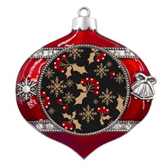 Christmas Pattern With Snowflakes Berries Metal Snowflake And Bell Red Ornament by Ket1n9