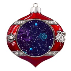 Realistic Night Sky Poster With Constellations Metal Snowflake And Bell Red Ornament by Ket1n9