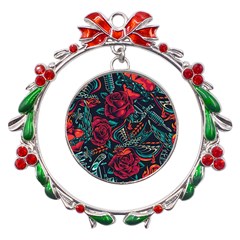 Vintage Flash Tattoos Designs Seamless Pattern Metal X mas Wreath Ribbon Ornament by Hannah976