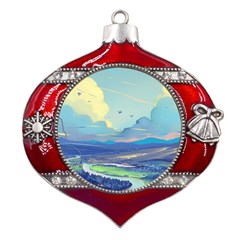 Mountains And Trees Illustration Painting Clouds Sky Landscape Metal Snowflake And Bell Red Ornament by Cendanart