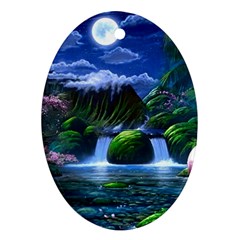 Flamingo Paradise Scenic Bird Fantasy Moon Paradise Waterfall Magical Nature Ornament (oval) by Ndabl3x
