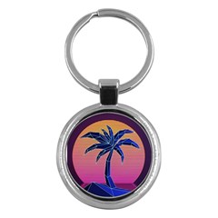 Abstract 3d Art Holiday Island Palm Tree Pink Purple Summer Sunset Water Key Chain (round) by Cemarart