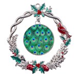 Peacock Feathers, Bonito, Bird, Blue, Colorful, Feathers Metal X mas Wreath Holly leaf Ornament Front