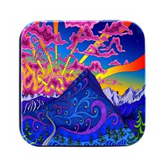 Blue And Purple Mountain Painting Psychedelic Colorful Lines Square Metal Box (black) by Bedest
