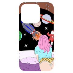 Girl Bed Space Planets Spaceship Rocket Astronaut Galaxy Universe Cosmos Woman Dream Imagination Bed Iphone 14 Pro Black Uv Print Case by Maspions