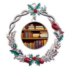 Book Nook Books Bookshelves Comfortable Cozy Literature Library Study Reading Room Fiction Entertain Metal X mas Wreath Holly Leaf Ornament by Maspions