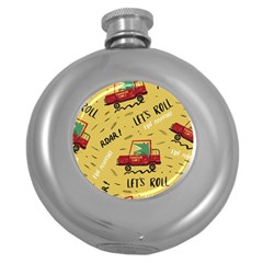 Childish Seamless Pattern With Dino Driver Round Hip Flask (5 Oz) by Apen
