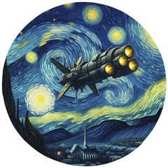 Spaceship Starry Night Van Gogh Painting Wooden Puzzle Round by Maspions