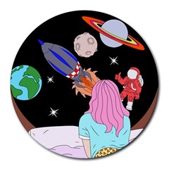 Girl Bed Space Planets Spaceship Rocket Astronaut Galaxy Universe Cosmos Woman Dream Imagination Bed Round Mousepad by Maspions